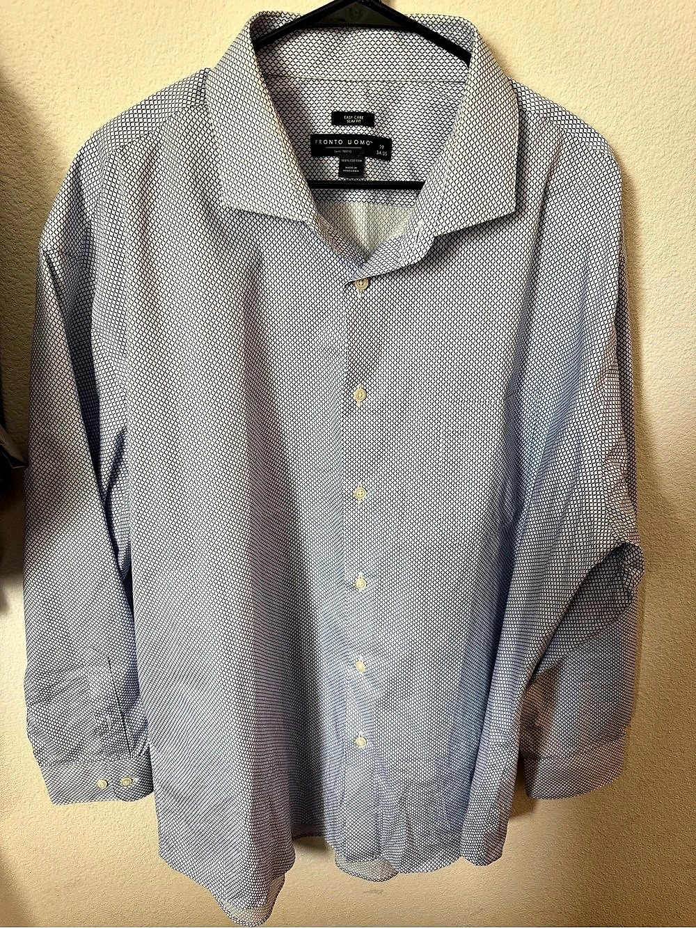 Pronto Uomo Geometric Button Down White & Blue Size 19 34/35
